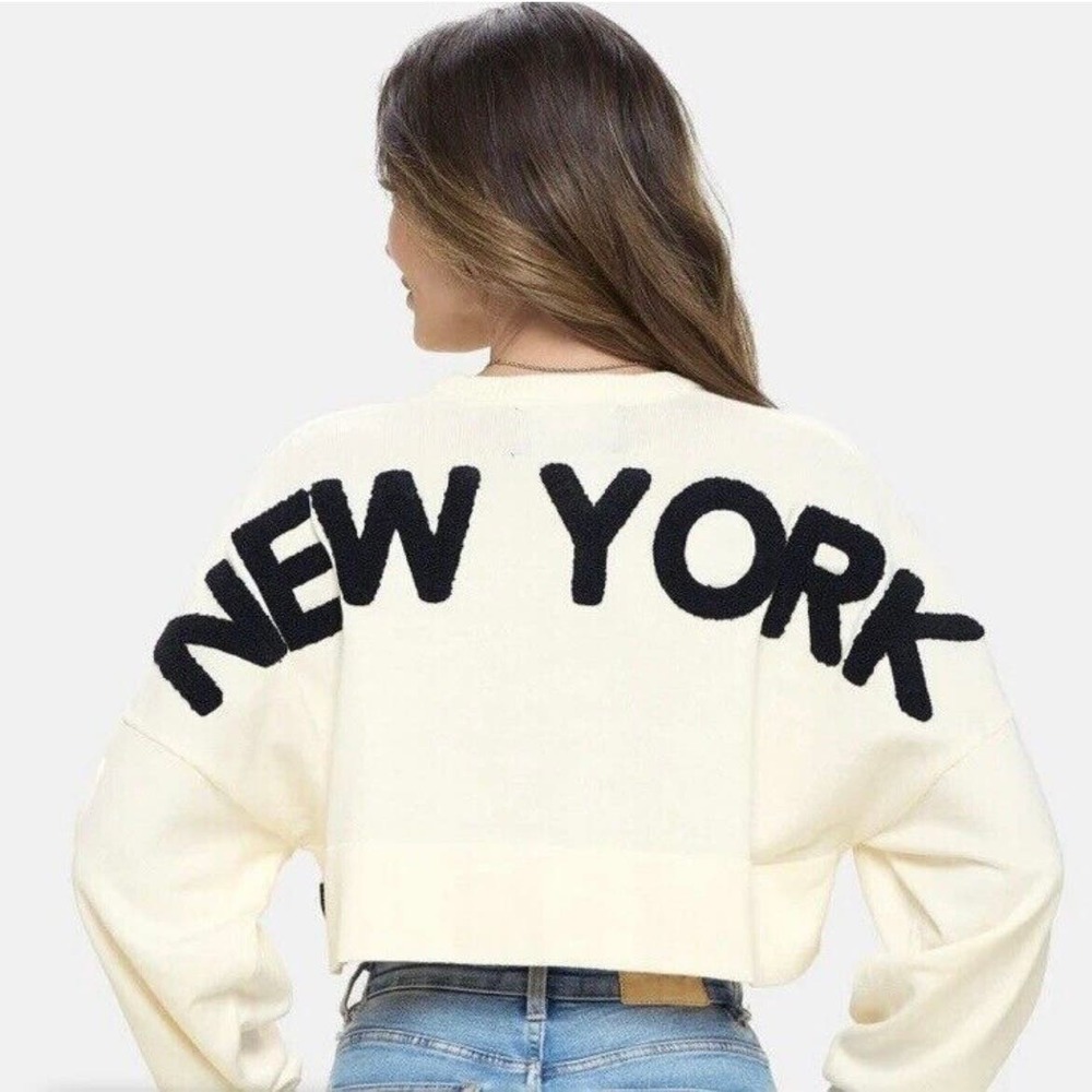 Cropped Cream 'New York' Knit Sweater